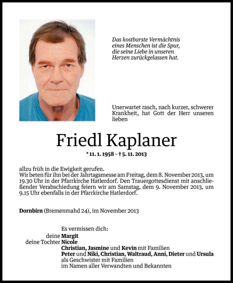  Todesanzeige für Friedl Kaplaner vom 06.11.2013 aus Vorarlberger Nachrichten