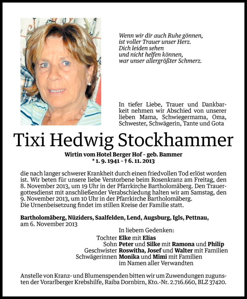  Todesanzeige für Tixi Hedwig Stockhammer vom 06.11.2013 aus Vorarlberger Nachrichten