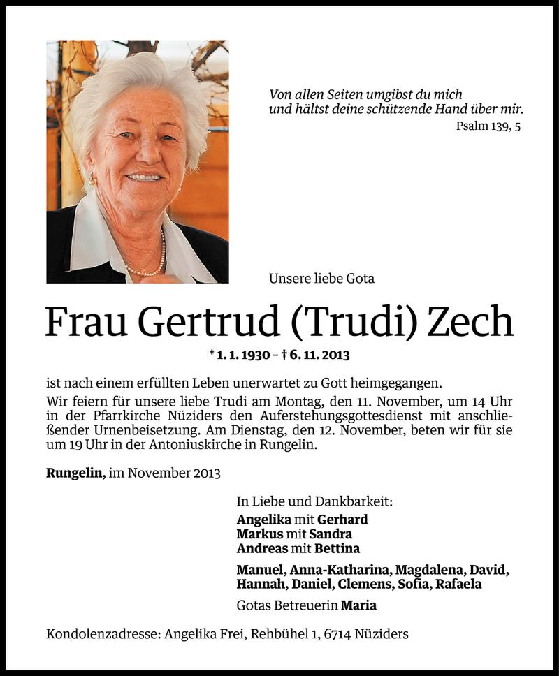  Todesanzeige für Gertrud Zech vom 08.11.2013 aus Vorarlberger Nachrichten