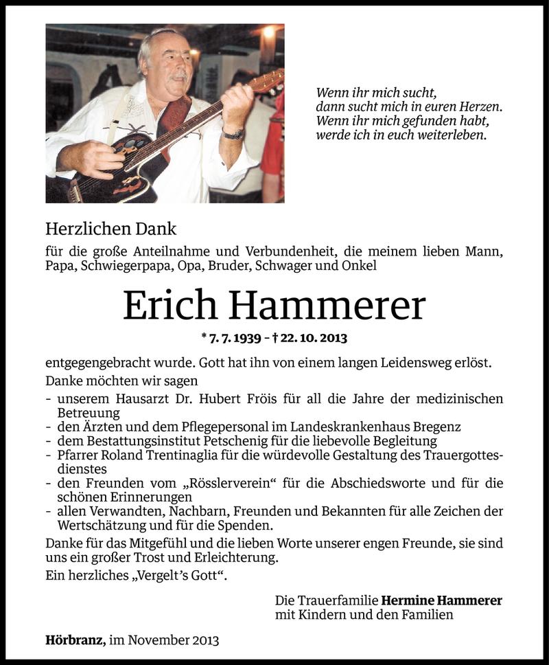  Todesanzeige für Erich Hammerer vom 07.11.2013 aus Vorarlberger Nachrichten