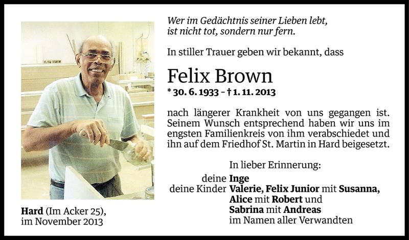  Todesanzeige für Felix Brown vom 09.11.2013 aus Vorarlberger Nachrichten