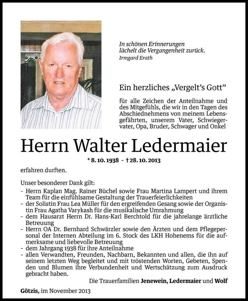  Todesanzeige für Walter Ledermaier vom 15.11.2013 aus Vorarlberger Nachrichten