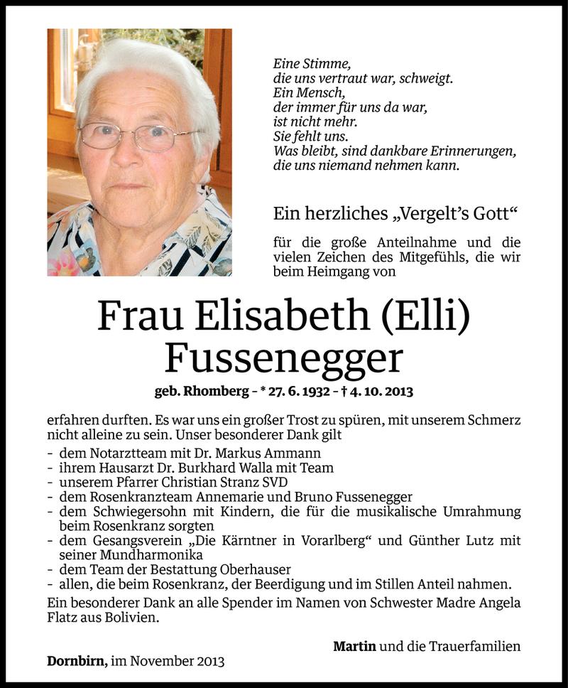  Todesanzeige für Elisabeth Fussenegger vom 08.11.2013 aus Vorarlberger Nachrichten