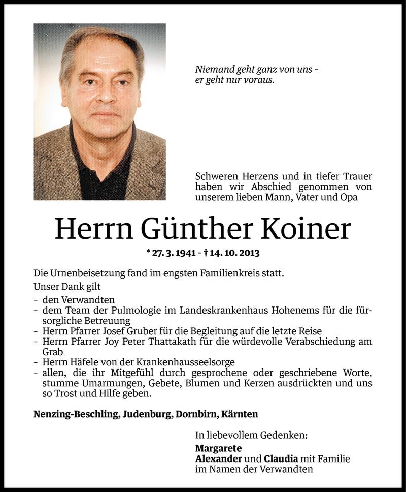  Todesanzeige für Günther Koiner vom 13.11.2013 aus Vorarlberger Nachrichten