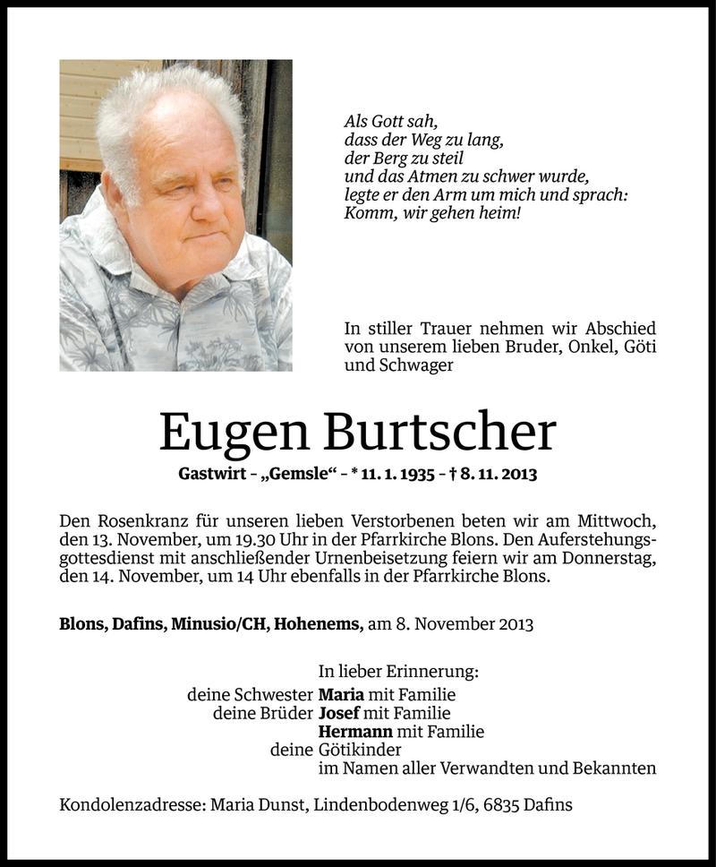  Todesanzeige für Eugen Burtscher vom 10.11.2013 aus Vorarlberger Nachrichten