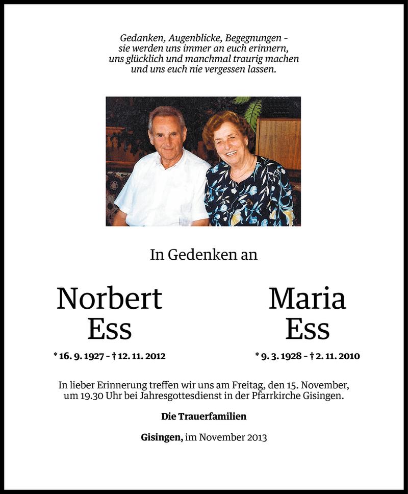  Todesanzeige für Norbert und Maria Ess vom 12.11.2013 aus Vorarlberger Nachrichten