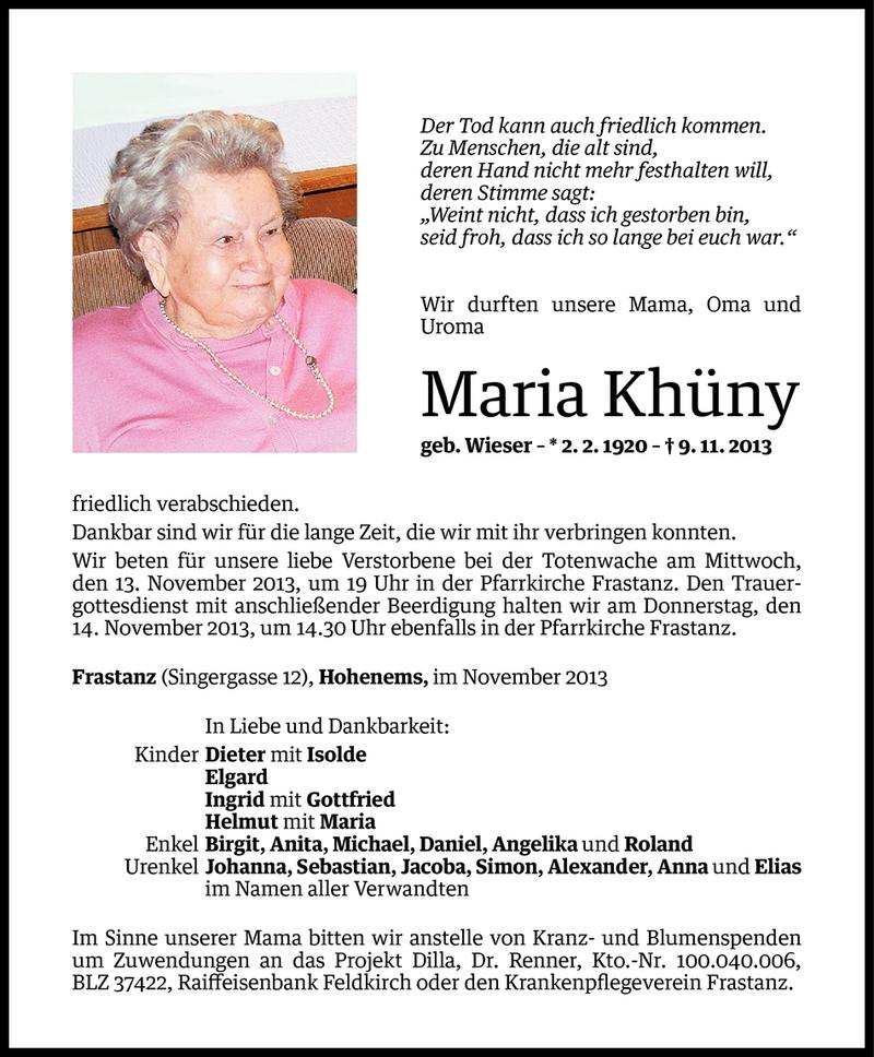  Todesanzeige für Maria Khüny vom 11.11.2013 aus Vorarlberger Nachrichten