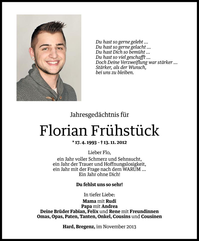  Todesanzeige für Florian Frühstück vom 12.11.2013 aus Vorarlberger Nachrichten