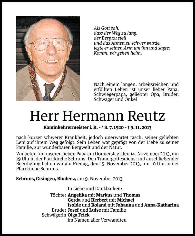  Todesanzeige für Hermann Reutz vom 11.11.2013 aus Vorarlberger Nachrichten