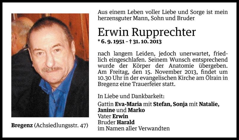  Todesanzeige für Erwin Rupprechter vom 12.11.2013 aus Vorarlberger Nachrichten