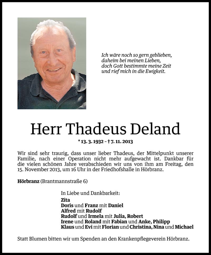  Todesanzeige für Thadeus Deland vom 12.11.2013 aus Vorarlberger Nachrichten