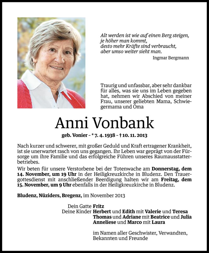  Todesanzeige für Anni Vonbank vom 13.11.2013 aus Vorarlberger Nachrichten