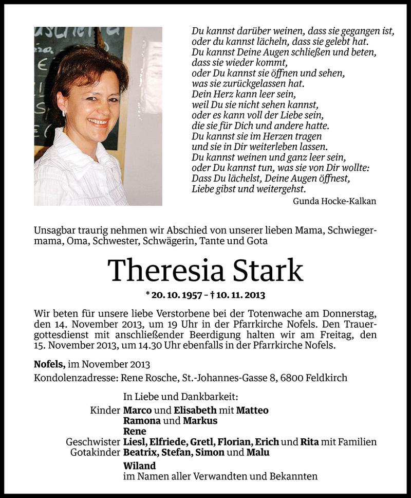  Todesanzeige für Theresia Stark vom 12.11.2013 aus Vorarlberger Nachrichten