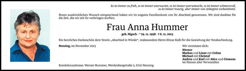  Todesanzeige für Anna Hummer vom 13.11.2013 aus Vorarlberger Nachrichten