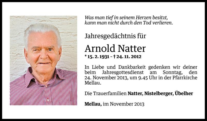  Todesanzeige für Arnold Natter vom 22.11.2013 aus Vorarlberger Nachrichten