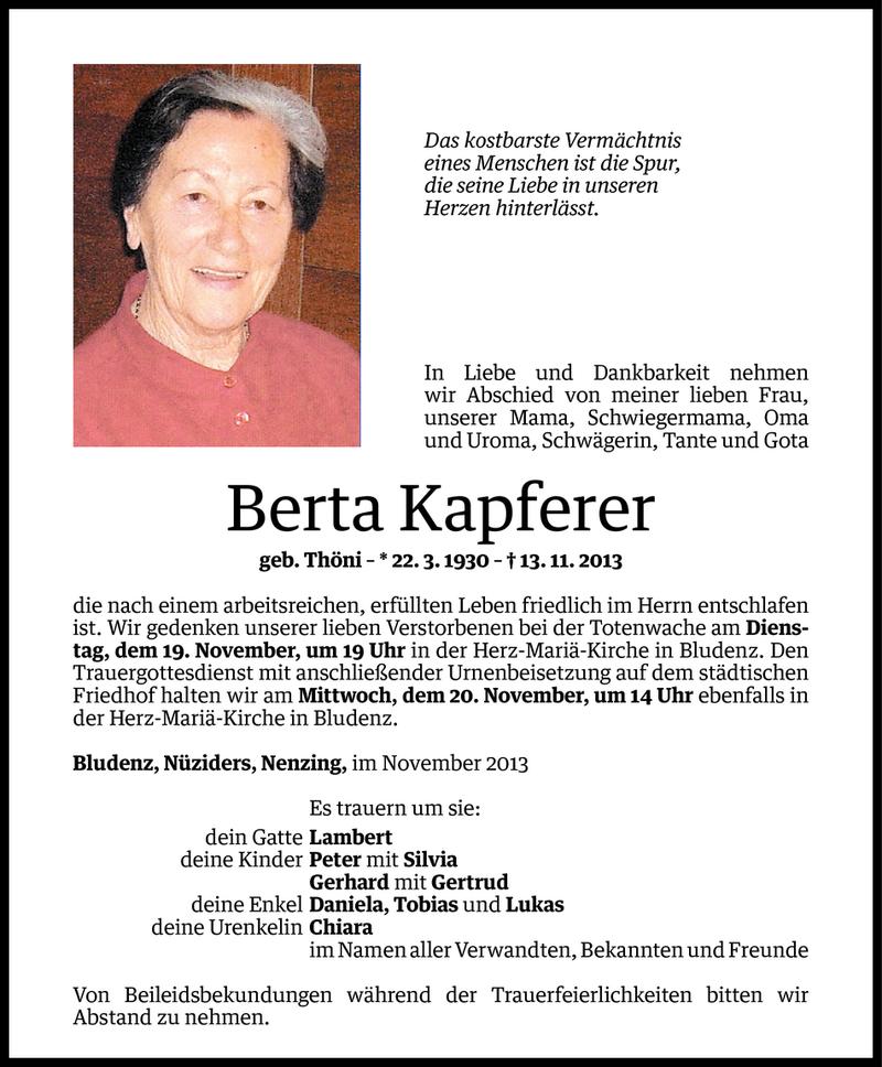  Todesanzeige für Berta Kapferer vom 16.11.2013 aus Vorarlberger Nachrichten