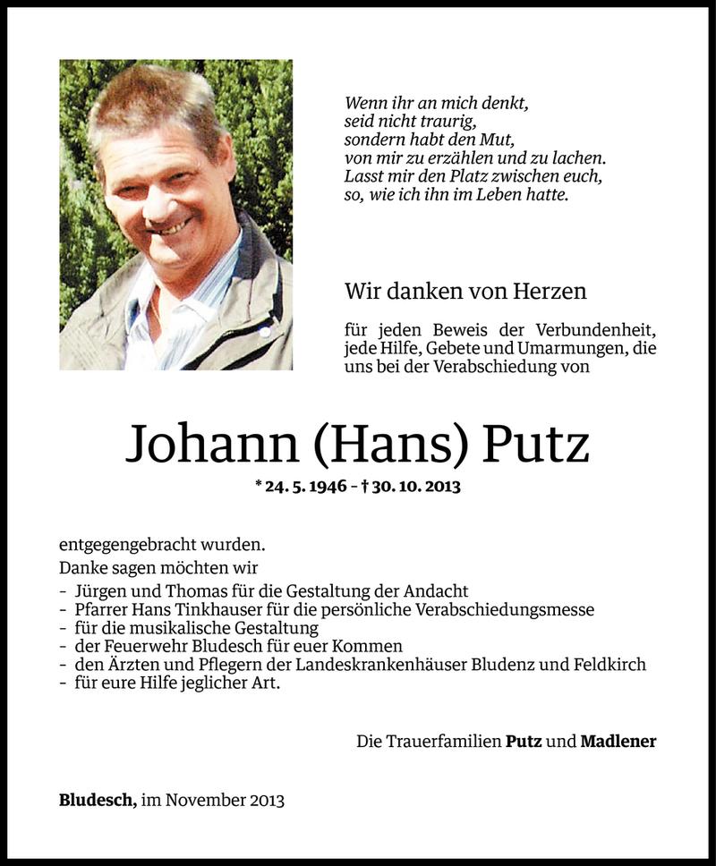  Todesanzeige für Johann Putz vom 15.11.2013 aus Vorarlberger Nachrichten