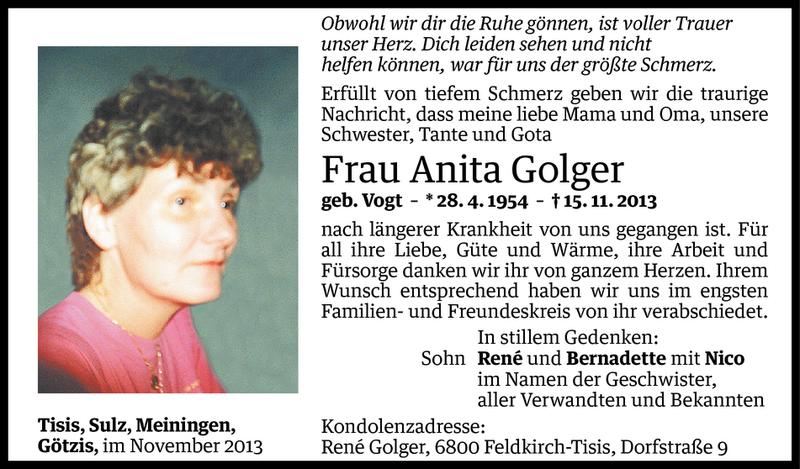  Todesanzeige für Anita Golger vom 16.11.2013 aus Vorarlberger Nachrichten