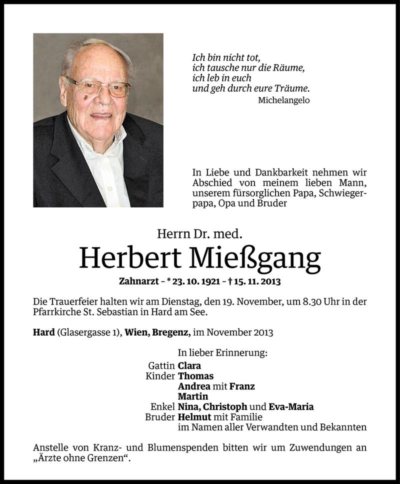  Todesanzeige für Herbert Mießgang vom 15.11.2013 aus Vorarlberger Nachrichten