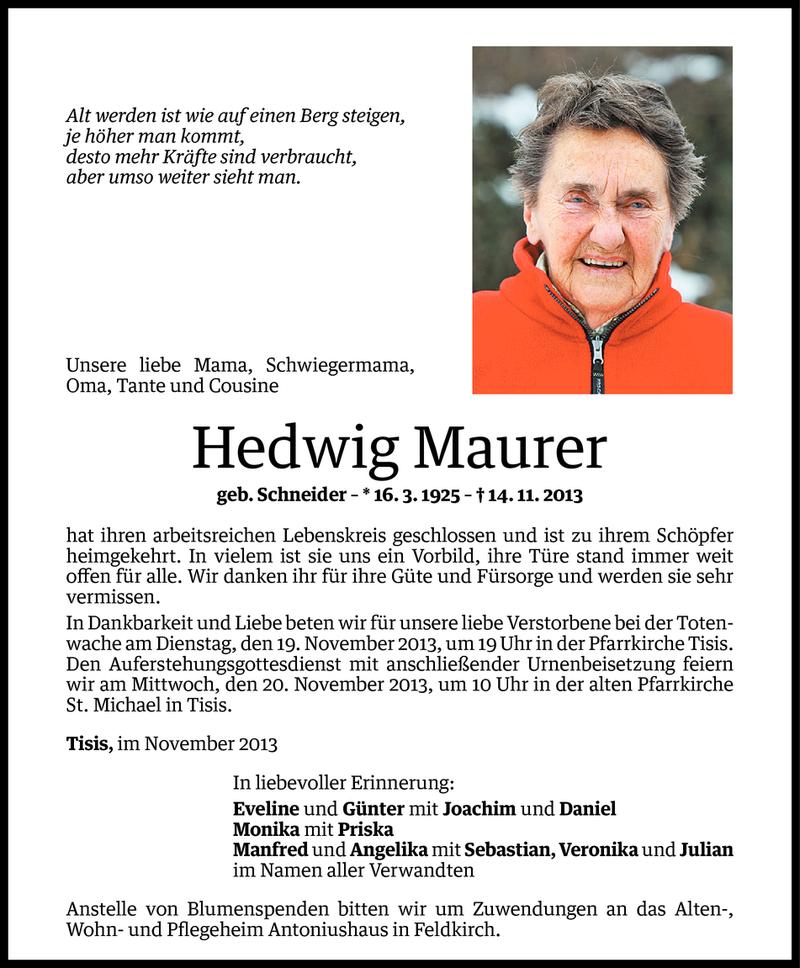  Todesanzeige für Hedwig Maurer vom 17.11.2013 aus Vorarlberger Nachrichten