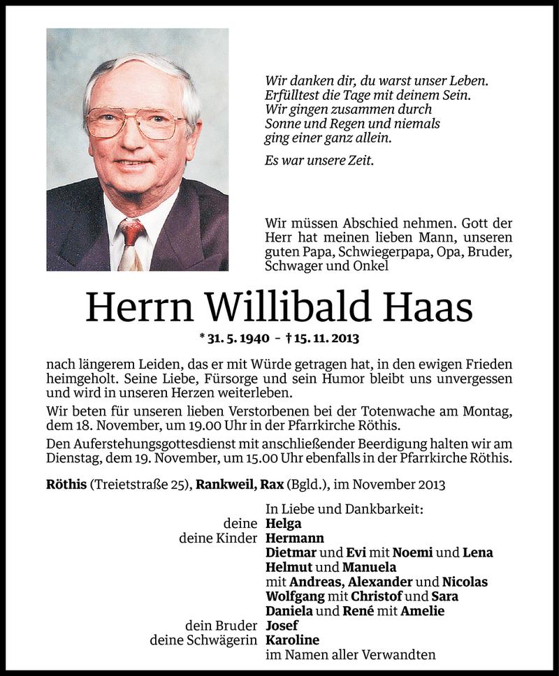  Todesanzeige für Willibald Haas vom 18.11.2013 aus Vorarlberger Nachrichten