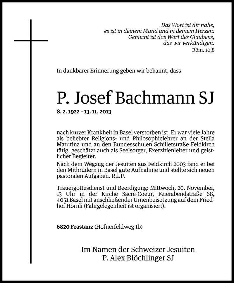  Todesanzeige für P. Josef Bachmann SJ vom 18.11.2013 aus Vorarlberger Nachrichten