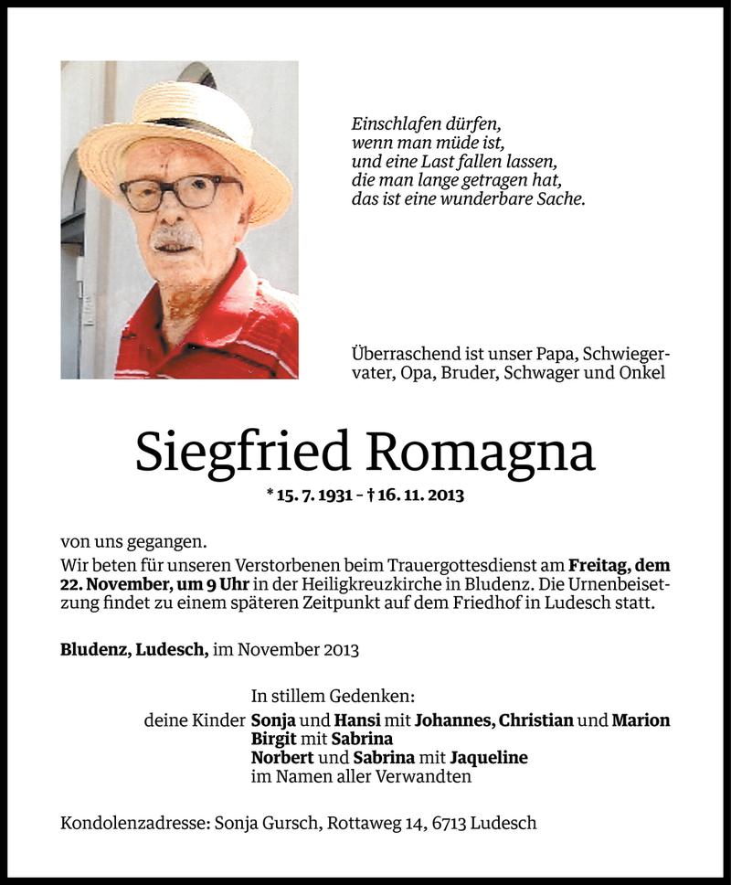  Todesanzeige für Siegfried Romagna vom 20.11.2013 aus Vorarlberger Nachrichten