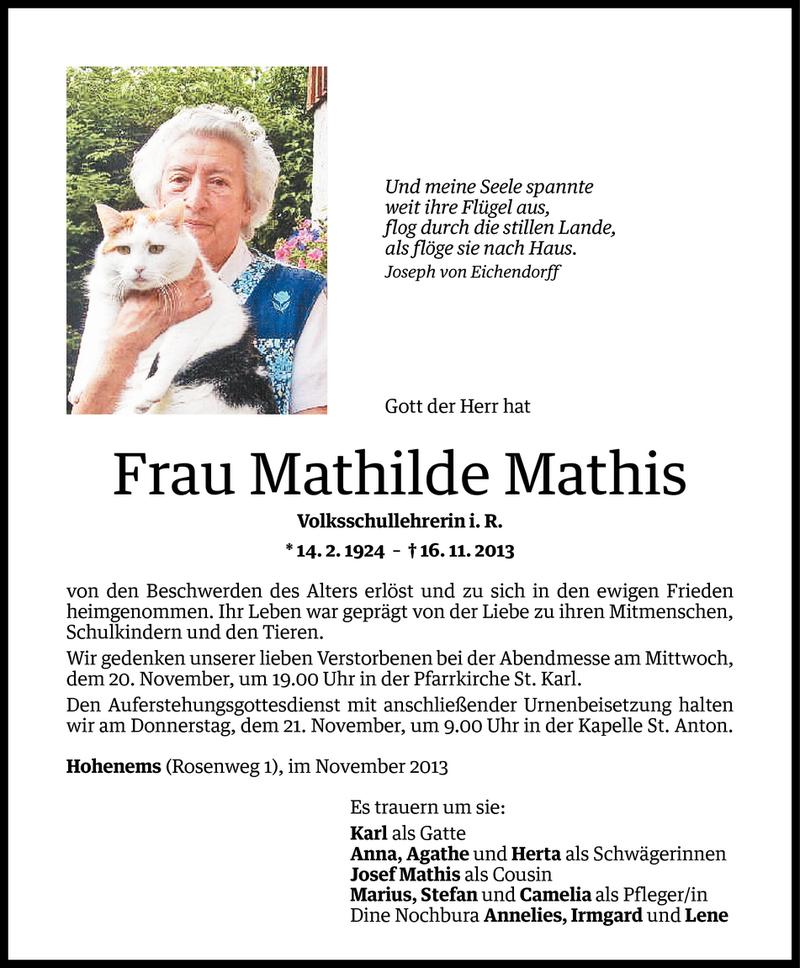  Todesanzeige für Mathilde Mathis vom 19.11.2013 aus Vorarlberger Nachrichten