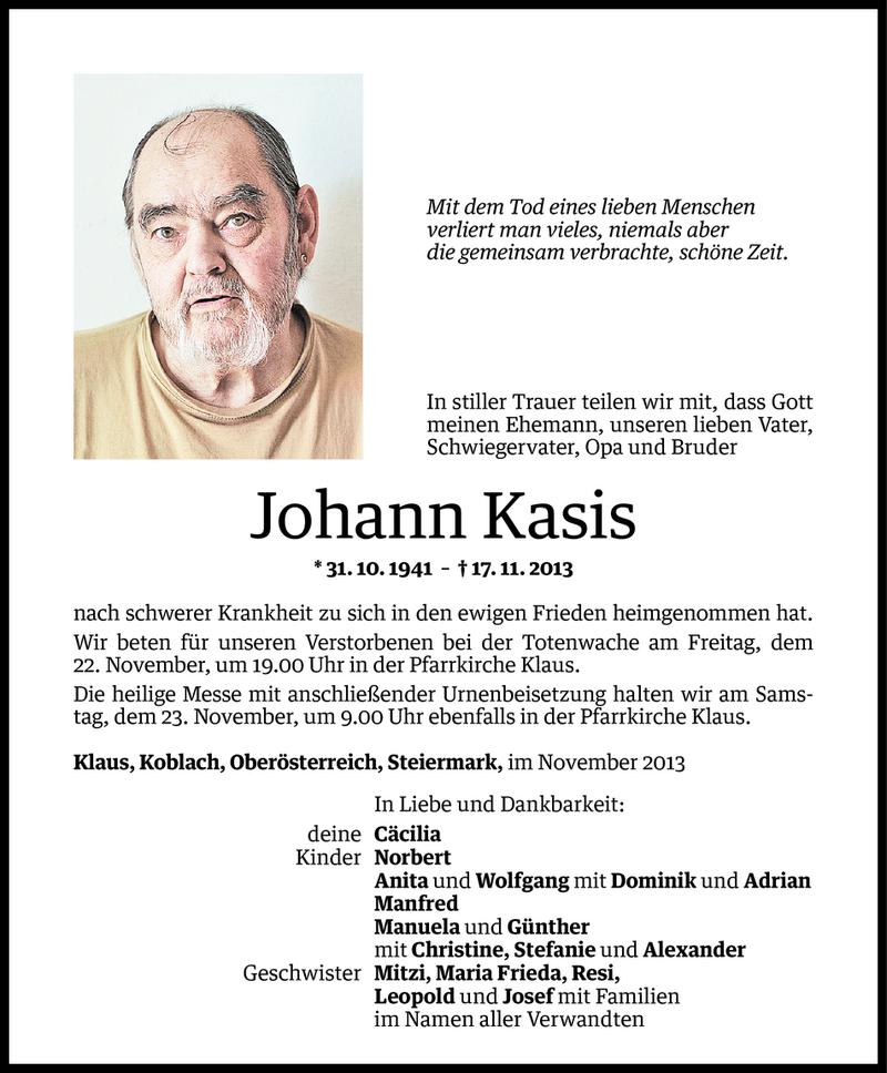  Todesanzeige für Johann Kasis vom 20.11.2013 aus Vorarlberger Nachrichten