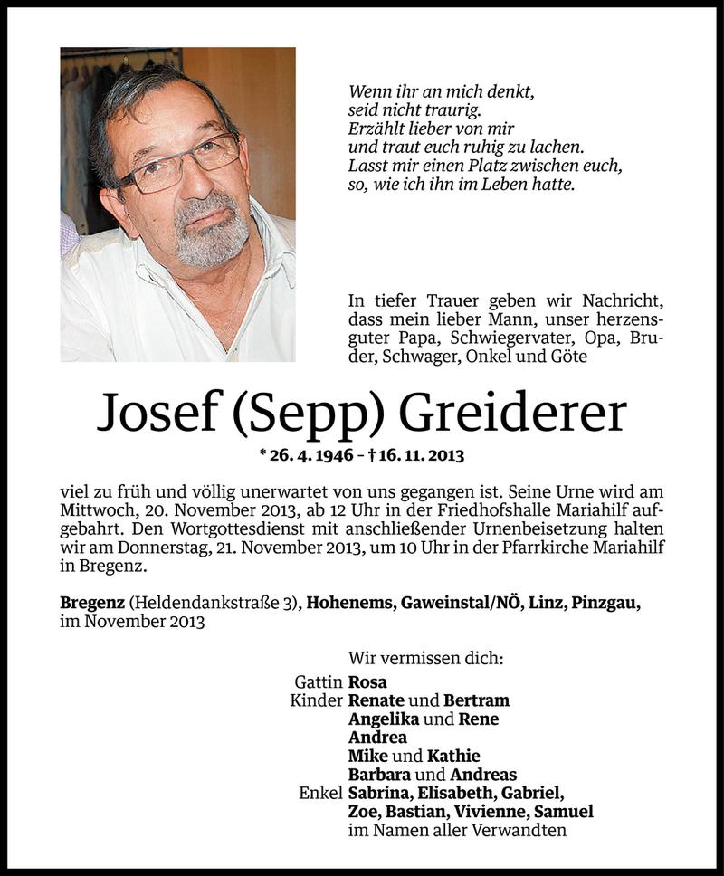  Todesanzeige für Josef Greiderer vom 18.11.2013 aus Vorarlberger Nachrichten