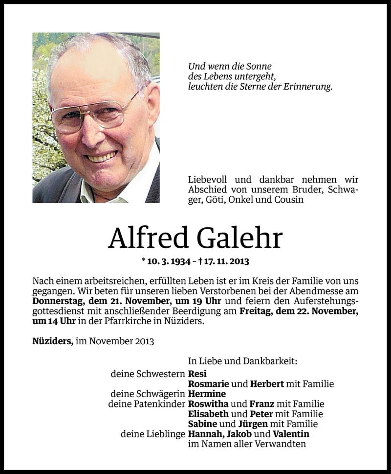  Todesanzeige für Alfred Galehr vom 20.11.2013 aus Vorarlberger Nachrichten