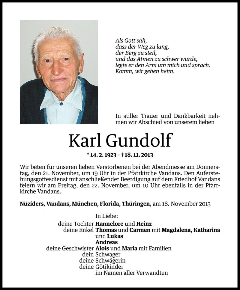  Todesanzeige für Karl Gundolf vom 19.11.2013 aus Vorarlberger Nachrichten