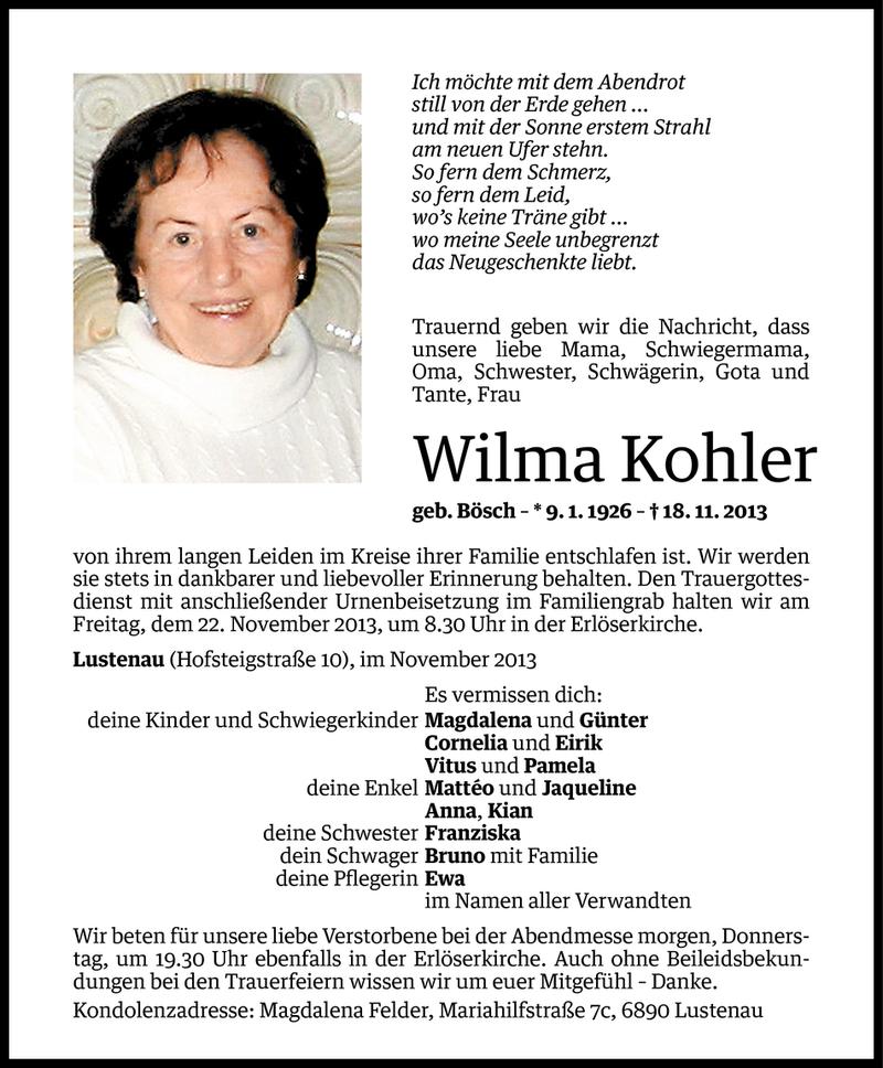  Todesanzeige für Wilma Kohler vom 19.11.2013 aus Vorarlberger Nachrichten