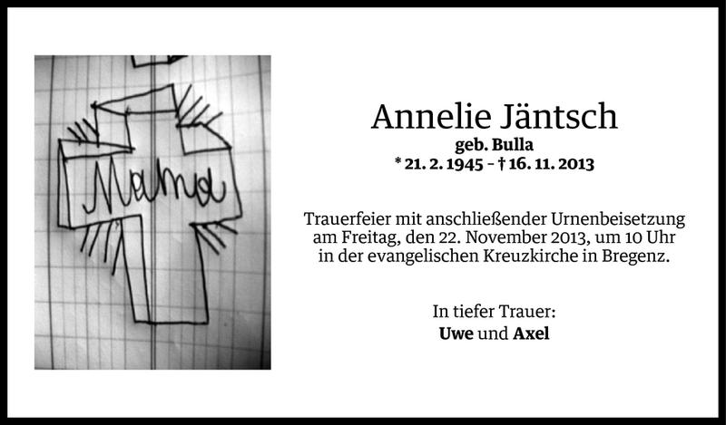  Todesanzeige für Annelie Jäntsch vom 19.11.2013 aus Vorarlberger Nachrichten