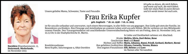  Todesanzeige für Erika Kupfer vom 19.11.2013 aus Vorarlberger Nachrichten