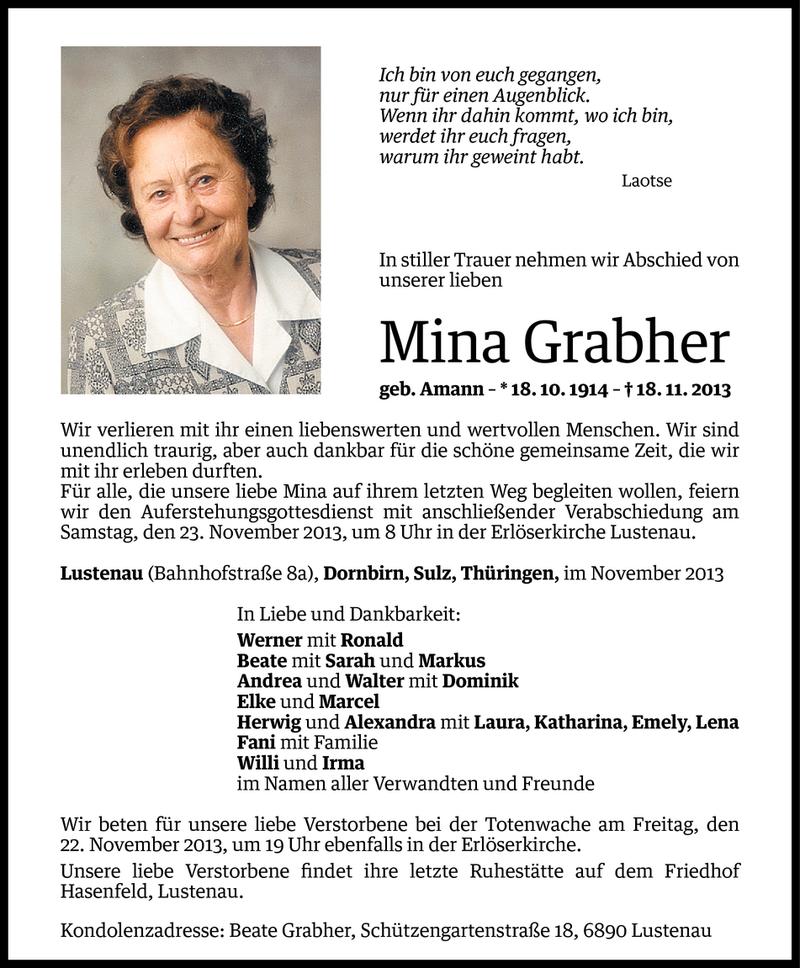  Todesanzeige für Mina Grabher vom 20.11.2013 aus Vorarlberger Nachrichten