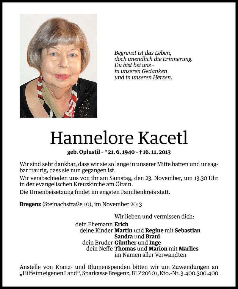  Todesanzeige für Hannelore Kacetl vom 20.11.2013 aus Vorarlberger Nachrichten