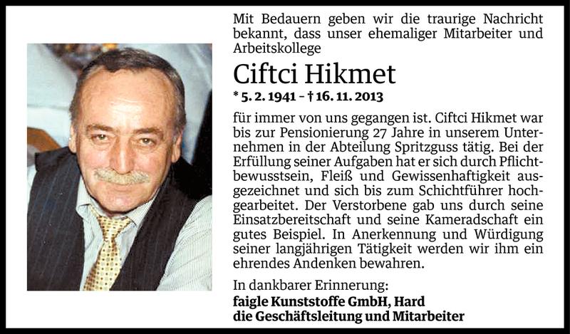  Todesanzeige für Ciftci Hikmet vom 21.11.2013 aus Vorarlberger Nachrichten