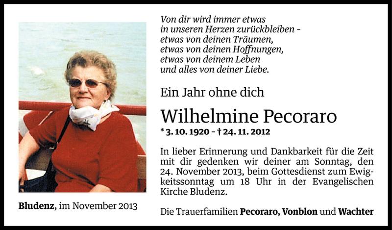  Todesanzeige für Wilhelmine Pecoraro vom 21.11.2013 aus Vorarlberger Nachrichten