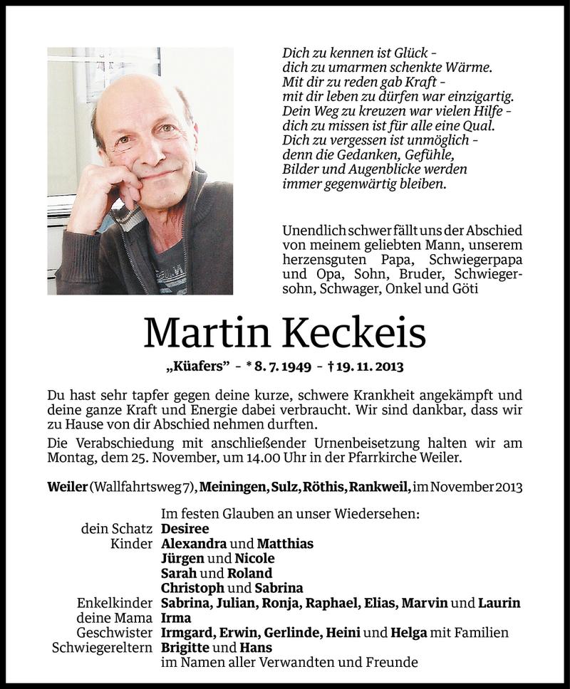  Todesanzeige für Martin Keckeis vom 22.11.2013 aus Vorarlberger Nachrichten