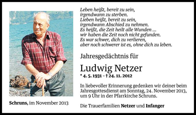  Todesanzeige für Ludwig Netzer vom 21.11.2013 aus Vorarlberger Nachrichten