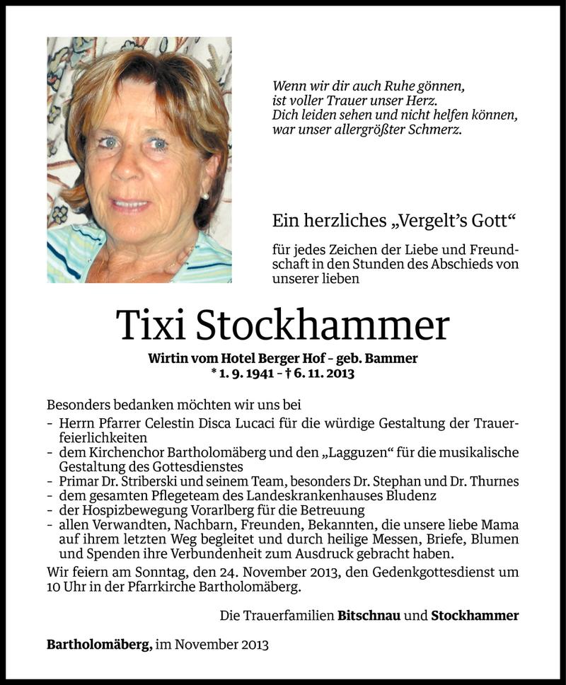  Todesanzeige für Tixi Hedwig Stockhammer vom 21.11.2013 aus Vorarlberger Nachrichten