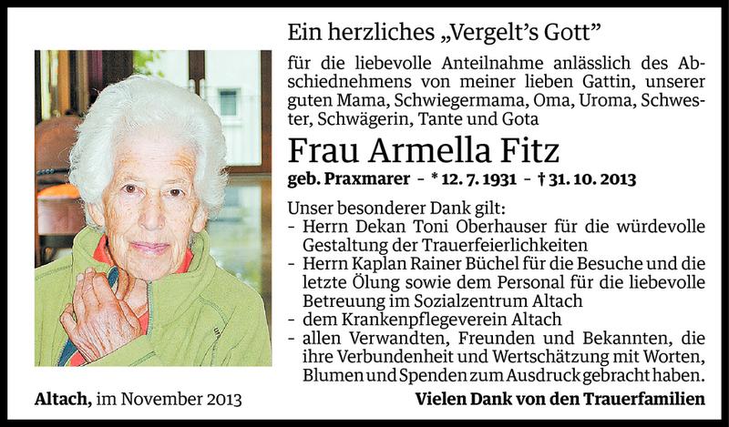  Todesanzeige für Armella Fitz vom 22.11.2013 aus Vorarlberger Nachrichten