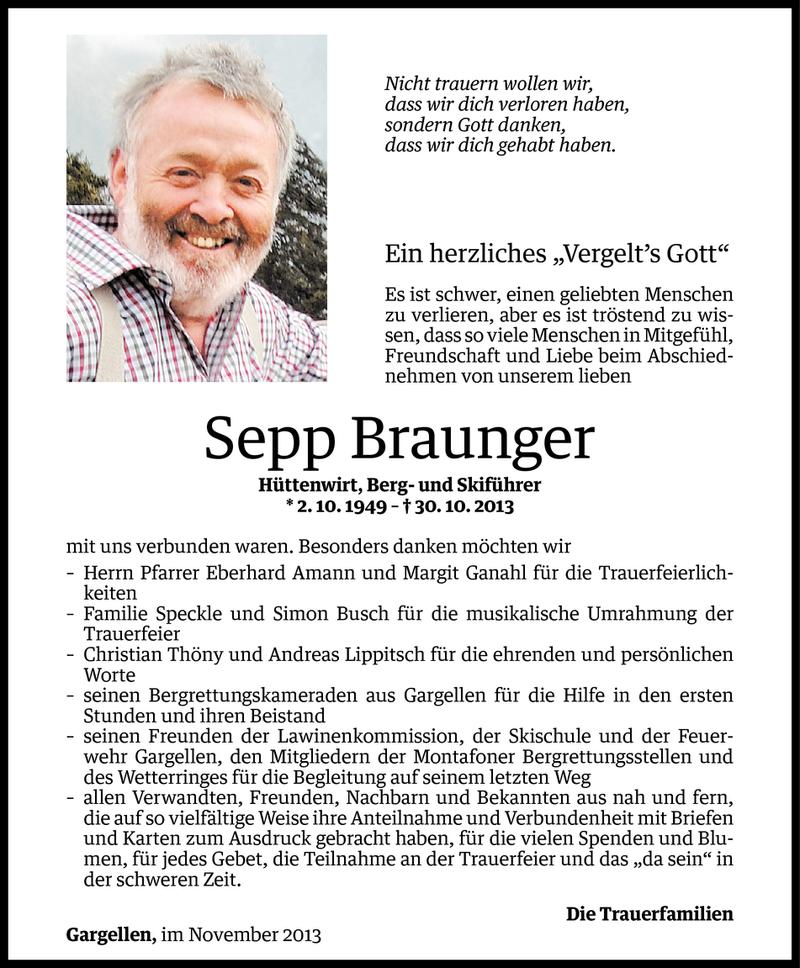  Todesanzeige für Sepp Braunger vom 22.11.2013 aus Vorarlberger Nachrichten