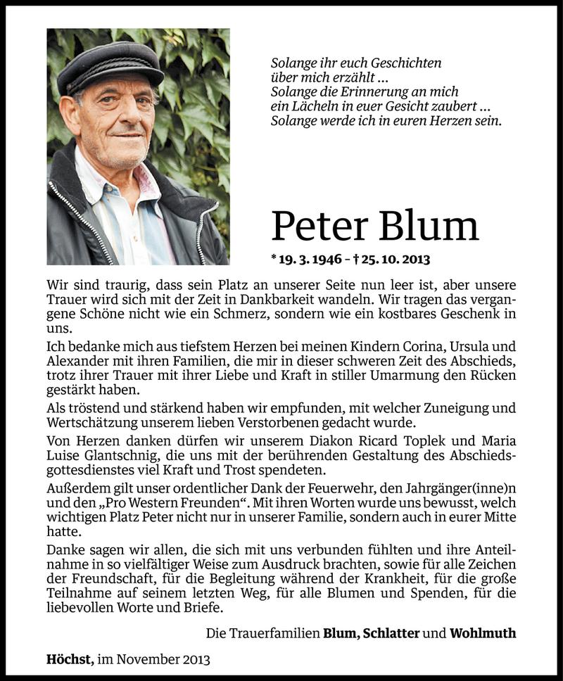  Todesanzeige für Peter Blum vom 21.11.2013 aus Vorarlberger Nachrichten