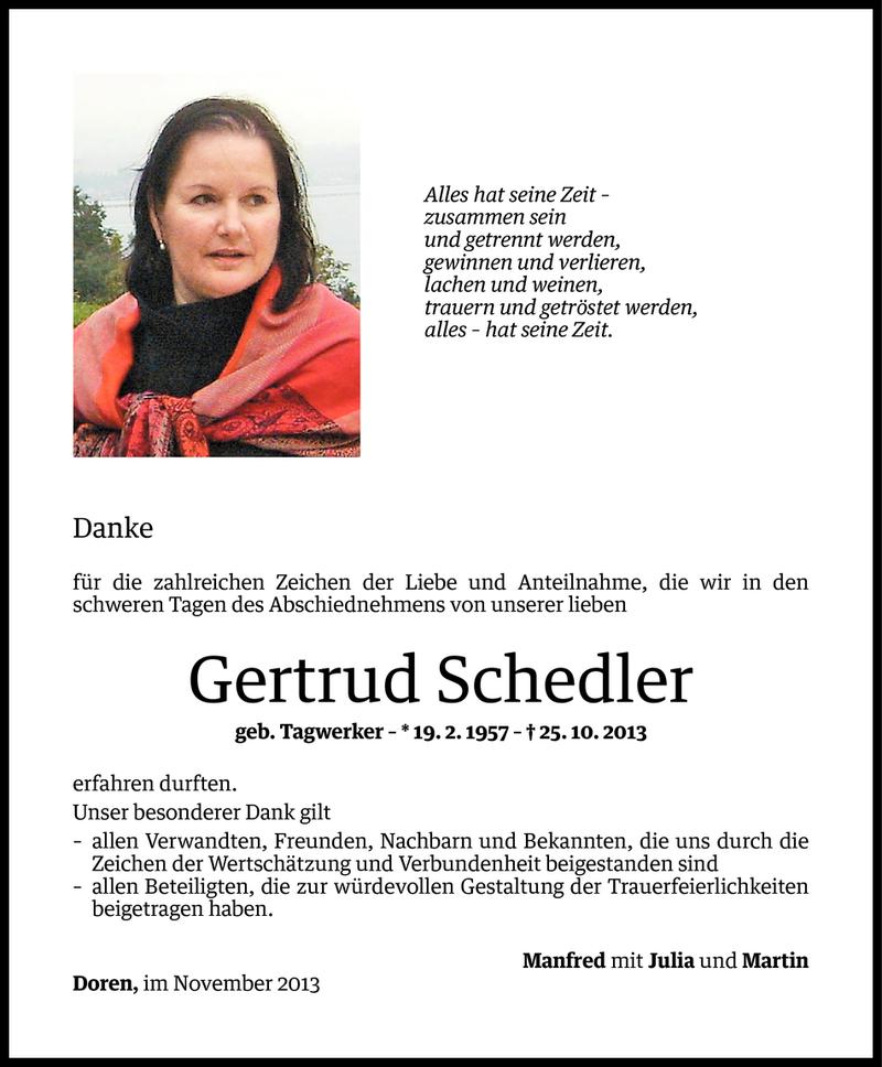  Todesanzeige für Gertrud Schedler vom 22.11.2013 aus Vorarlberger Nachrichten