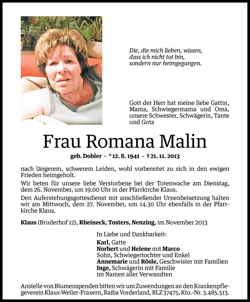  Todesanzeige für Romana Malin vom 23.11.2013 aus Vorarlberger Nachrichten