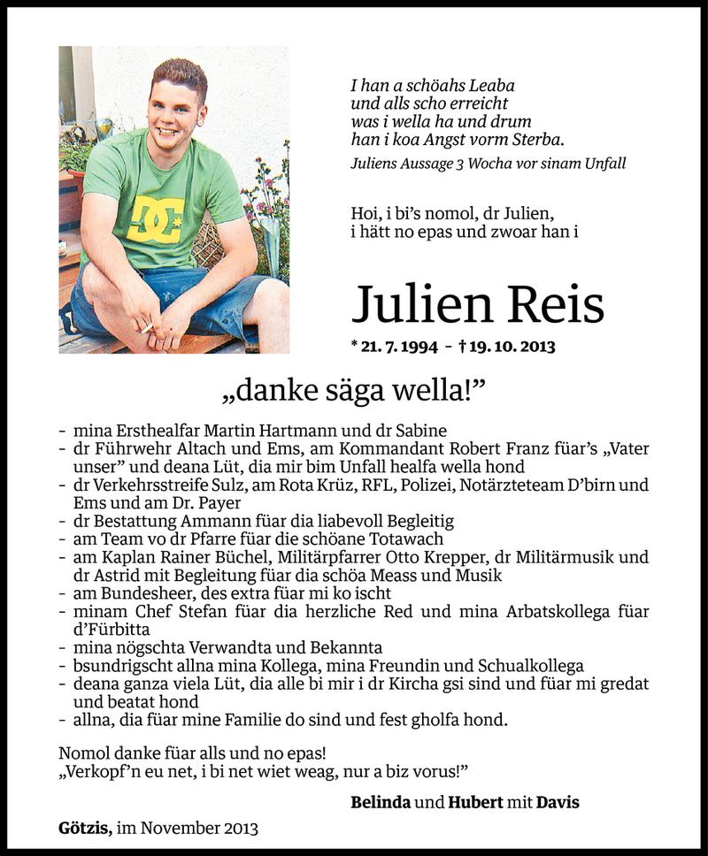  Todesanzeige für Julien Reis vom 23.11.2013 aus Vorarlberger Nachrichten
