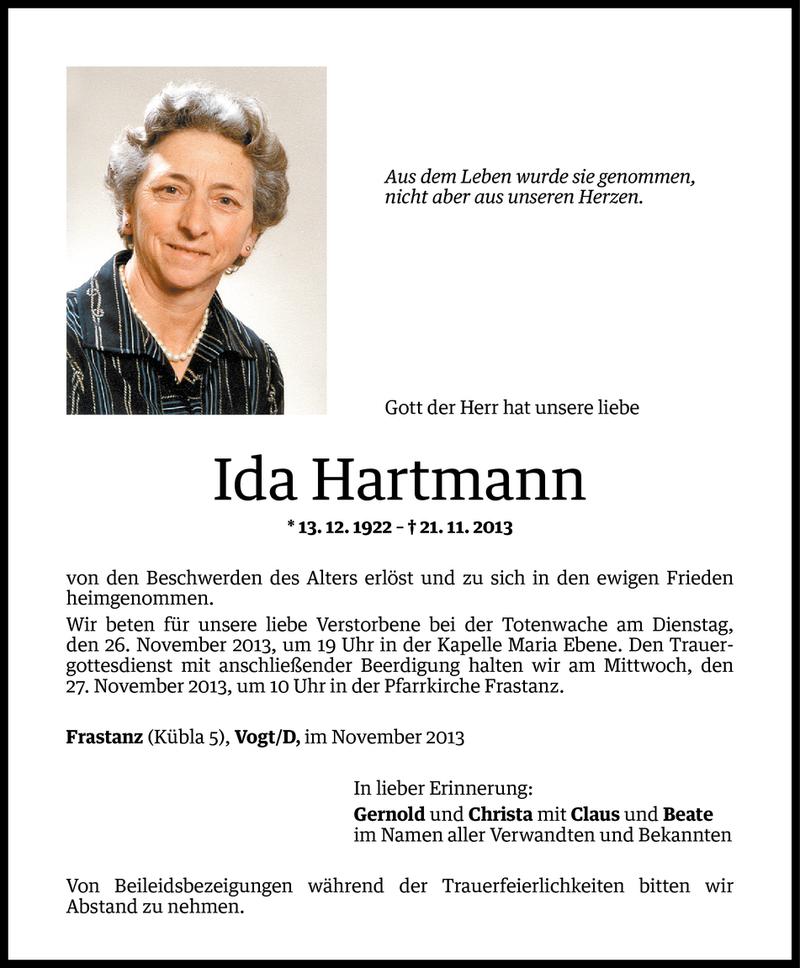  Todesanzeige für Ida Hartmann vom 24.11.2013 aus Vorarlberger Nachrichten