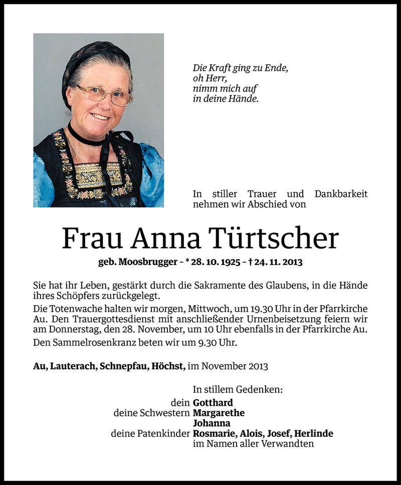  Todesanzeige für Anna Türtscher vom 25.11.2013 aus Vorarlberger Nachrichten